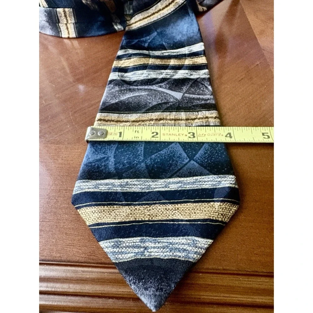 Vintage Honors Men's Tie Blue Gold Gray Abstract Striped Woven Silk 90s Retro